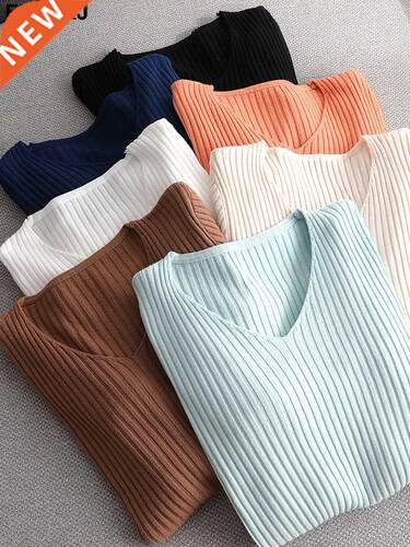 2022 basic v-neck solid autumn winter Sweater Pullover Women