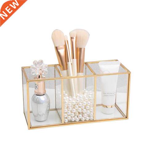 Transparent Glass eup Brush Storage Box Gold Cosmetics Co