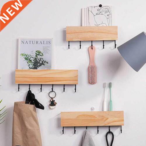 Modern Simple Iron Wooden Hook Storage Rack Wall Shelf Key