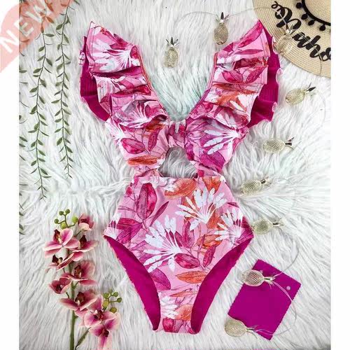 2022 New Print Swimwear Deep V-neck Ruffle Swimsuit Push Up