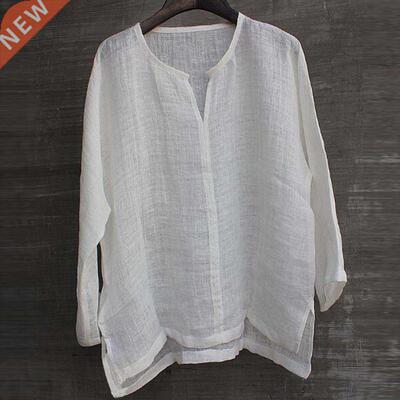 Linen Shirt Men Brief Breathable Comfy Solid Color Long Slee