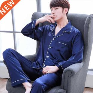 Men Pajama Sets Silk Satin Pijama Turn-down Collar Sleepwear
