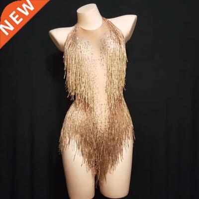 5 Colors Sparkly Gold Rhinestones Tassel Bodysuit One Piece
