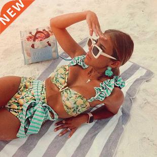 Two-Pieces Women Floral 2021 Push-Up Padded Bra Ruffles Band