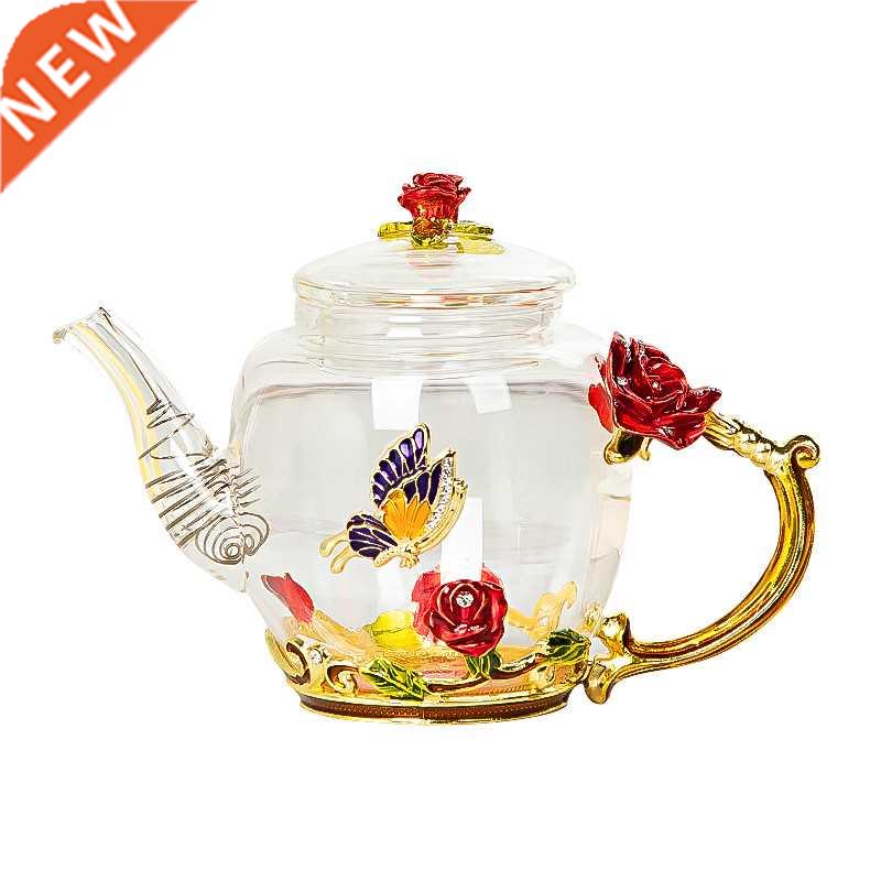 Red rose Enamel Crystal Flower Glass Teapot for Hot and Cold