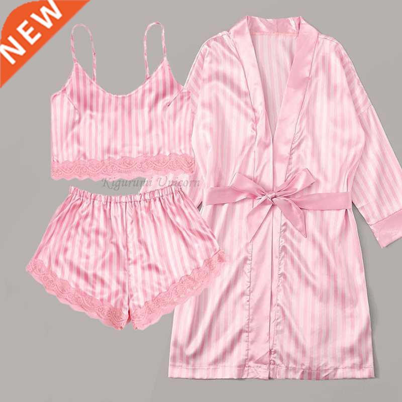 Black Satin Lace Silk Pajamas Sets Womens 3PC Strap Top Pant