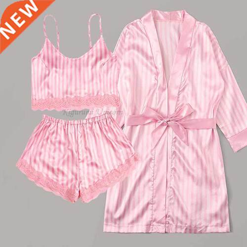 Black Satin Lace Silk Pajamas Sets Womens 3PC Strap Top Pant