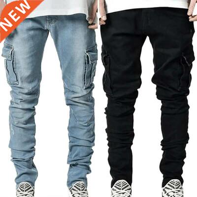 Men Solid Skinny Pockets Denim Cargo Combat Pants Jeans Slim