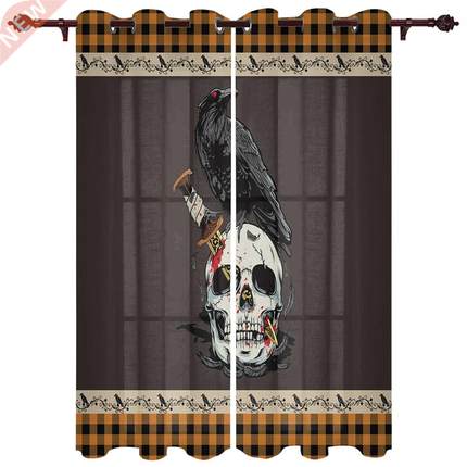 Halloween Theme Grid Skull Crow Window Curtains for Living
