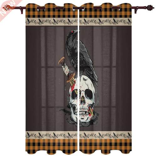 Halloween Theme Grid Skull Crow Window Curtains for Living