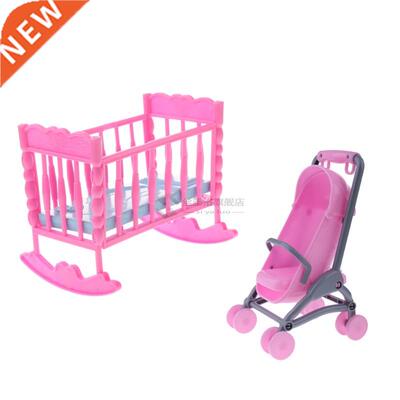 Plastic Miniature Cradle Bed+Stroller Dollhouse Accessories