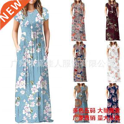 2021 printed pocket leisure dress with short sleeves