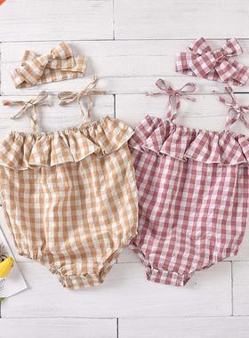 Baby Girls Romper Sleeveless Plaid Pattern Sling Straps Lotu