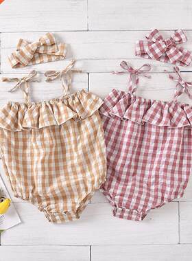 Baby Girls Romper Sleeveless Plaid Pattern Sling Straps Lotu