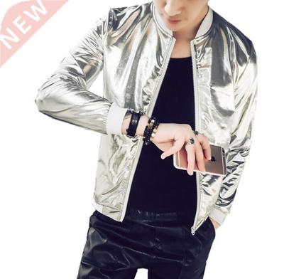 Glossy Silver leather jacket men Reflective sunscreen coat j