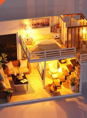 DIY Doll House Toys Kit with LED Lights Furniture Kit Villa