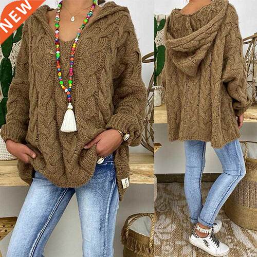Women Autumn Solid Color Long Sleeve Braided Hooded Pullover