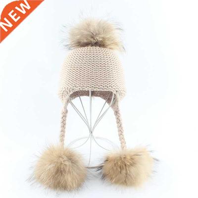 BABY Real Fur Pompom Knitted Beanies Winter Warm Hats For Fi