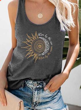 Harajuku Summer Funny Women Tank Top Metal Moon And Sun Prin