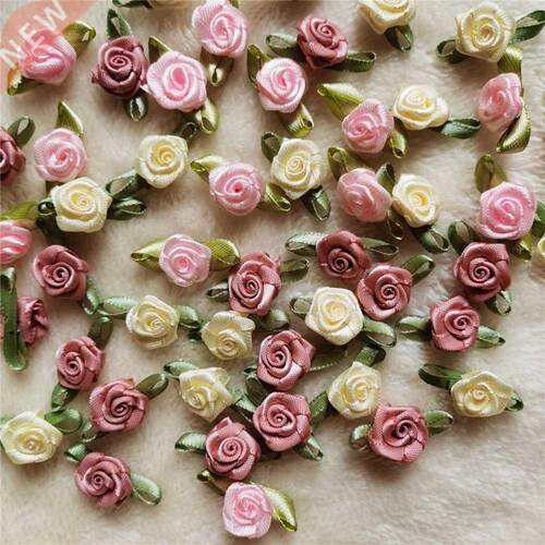 100PCS/Lot Mini Handmade Rose Flower Satin Ribbon Rosettes F