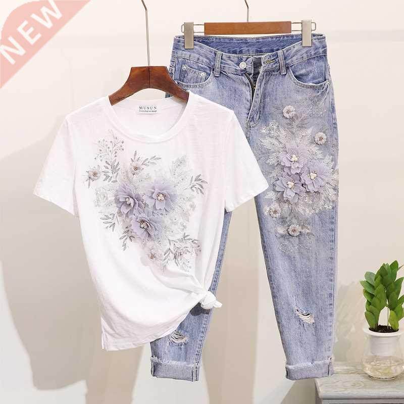 Amolapha Women Sequined Beaded 3D Flower Cotton T-shirt +Cal