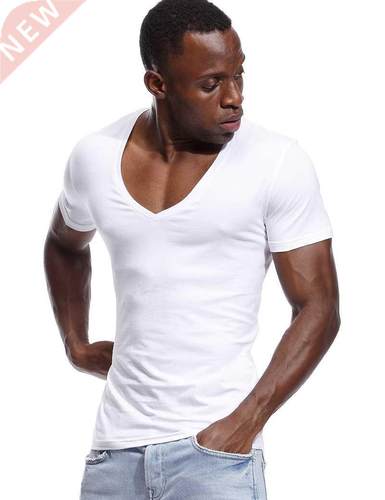 Deep V Neck T Shirt for Men Low Cut Vneck Wide Vee Tee Male