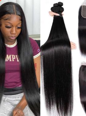 Bone Straight Human Hair Bundles With Closure Lace Closures