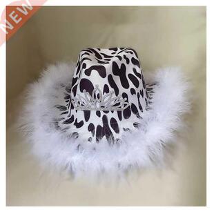 Women Spotted feather cowboy Fedora Hats Pattern Hat With Ro