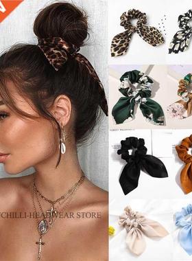 Leopard Bowknot Elastic Hair Band Women Solid Color Scrunchi