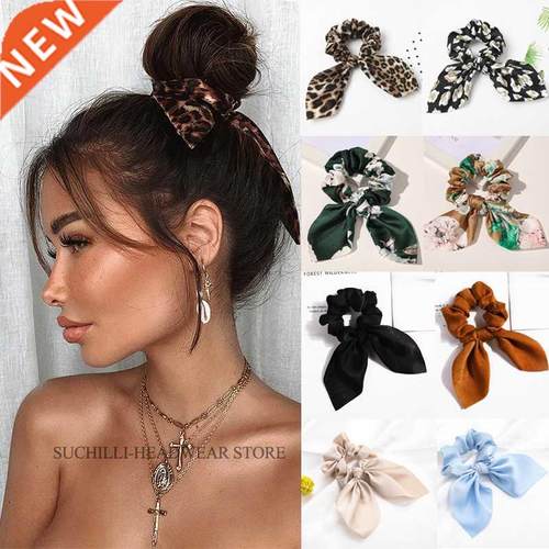 Leopard Bowknot Elastic Hair Band Women Solid Color Scrunchi