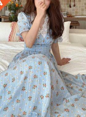 Vntage Floral Dress Women Elegant Lace Chffon Korean Party