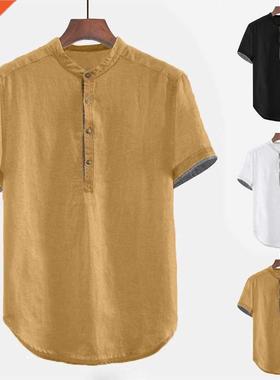 Men's Baggy Solid Cotton Linen Short Sleeve Button Plus Size