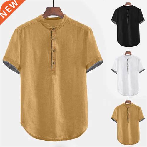 Men's Baggy Solid Cotton Linen Short Sleeve Button Plus Size