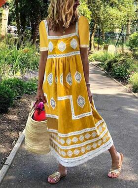 #H40 Bohemian Women Summer Maxi Dress Casual Print Square ne