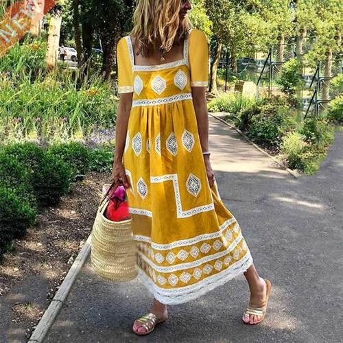 #H40 Bohemian Women Summer Maxi Dress Casual Print Square ne