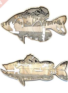 B0KB Carving Wooden Fish Sculpture Wall Hanging Sea Bass