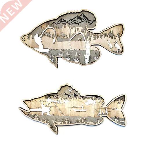 B0KB Carving Wooden Fish Sculpture Wall Hanging Sea Bass