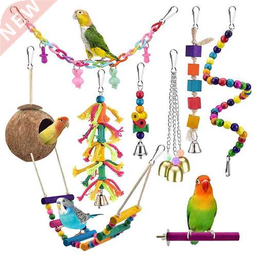8 Pcs Bird Parrot Toys,Hanging Wooden Coconut Birds House wi