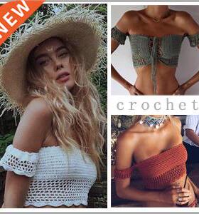 Women Bikini Top Bandage Hollow-out Tassel Swimsuit Lace Top