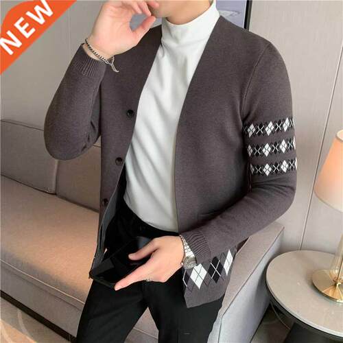 Argyle Print Knitted Cardigan for Men Autumn Long Sleeve Sli