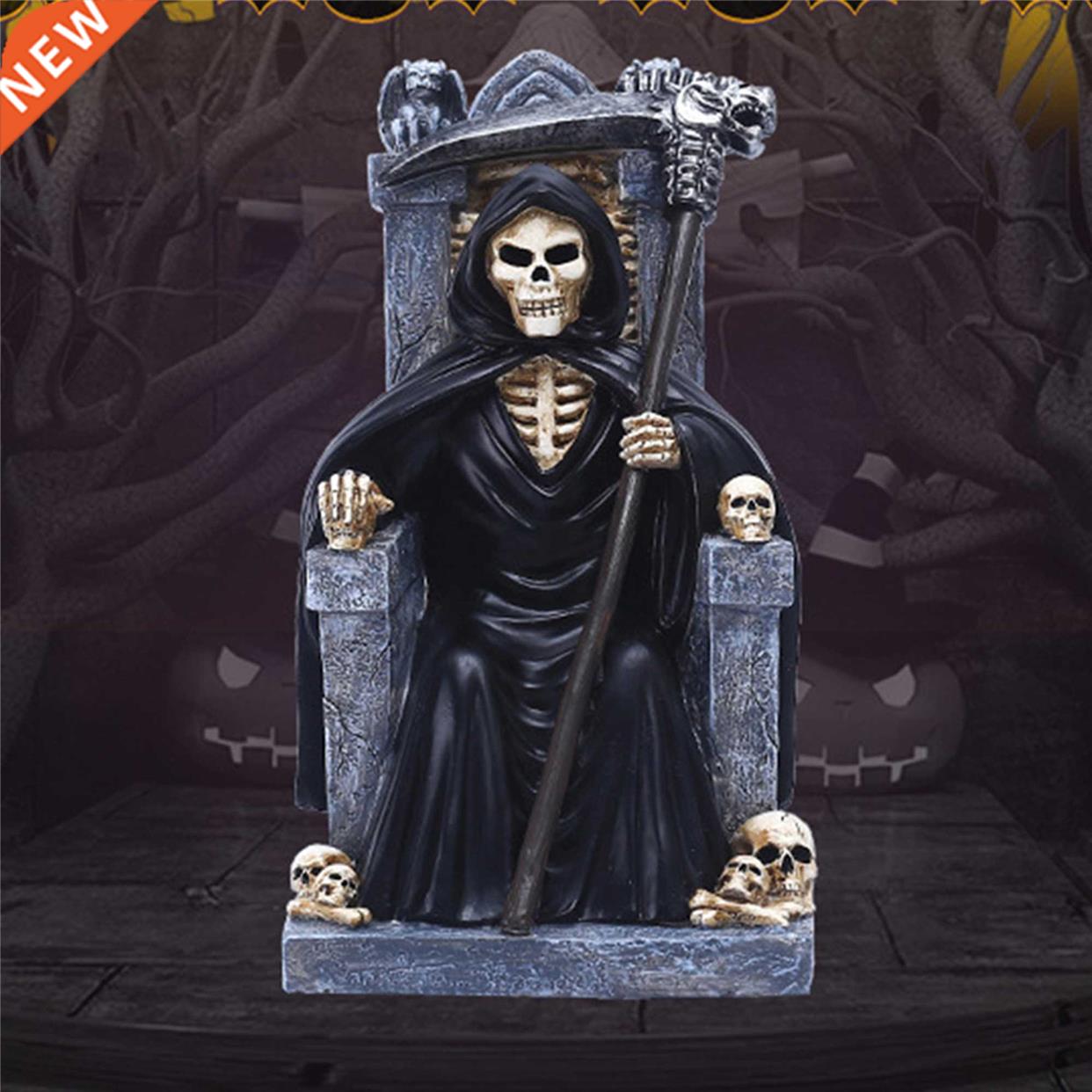 Halloween Resin Death, Grim Reaper Statue Sitting On