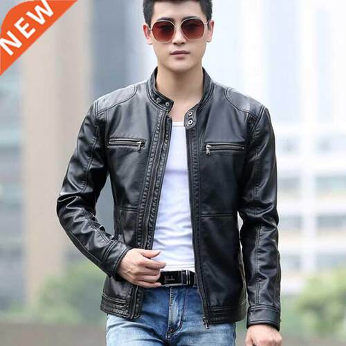 Leather Jacket Men design stand collar coat male casual moto