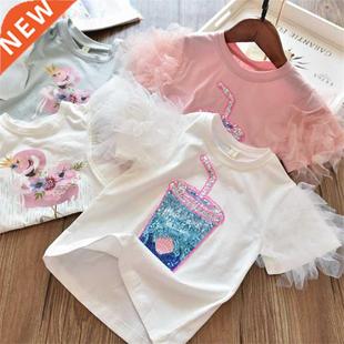 Short Sleeve Summer Girls T-shirts Flamingo Unicorn Cartoon