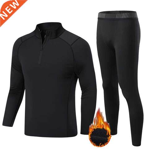 Men's Winter Thermal Underwear Zip Black Shirt Bottom Fleece