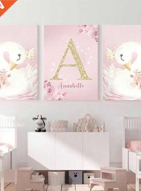 Pink Kawaii Room Decor Swan Nursery Wall Art Painting Name