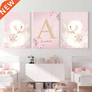 Pink Kawaii Room Decor Swan Nursery Wall Art Painting Name