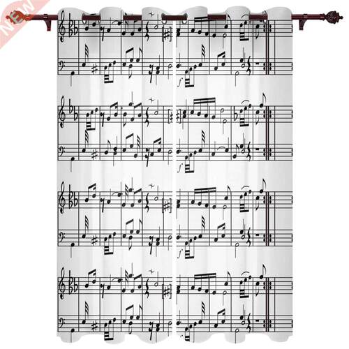 Tab Music Note Black White Window Curtains for Bedroom