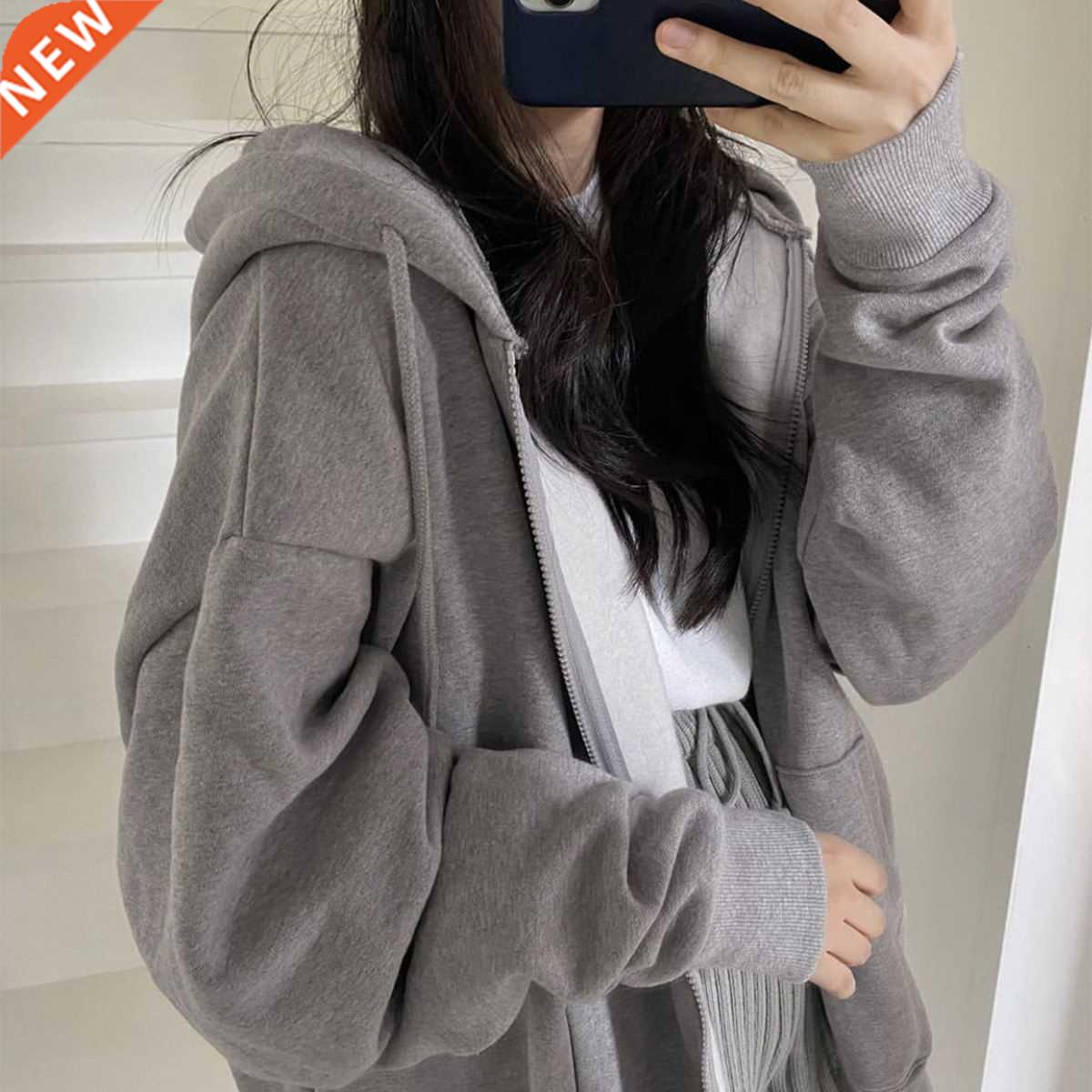 Women Korean Version Loose Hoodies Long Sleeve Zip Up Solid