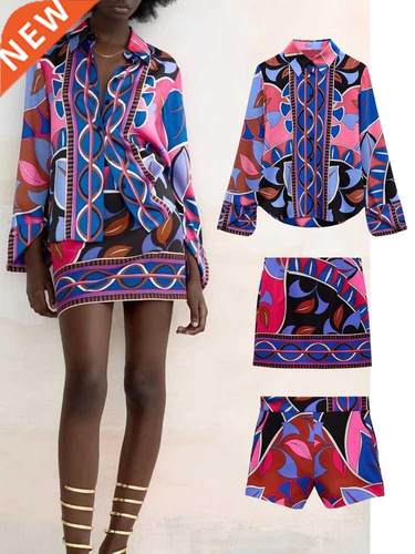 TFMLN 3PCS Women Bermuda Printed Blouses+ Short Skirt Set 20