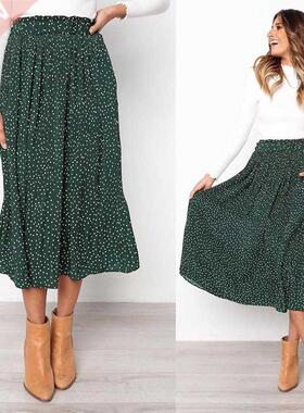 White Dots Floral Print Pleated Midi Skirt Women Elastic Hig
